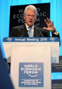 Bill Clinton addresses a session of the World Economic Forum on the crisis in Haiti